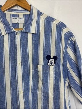 Old Navy X Disney Shirt Mens Sz M Blue Stripe Mickey Mouse Linen Button Front